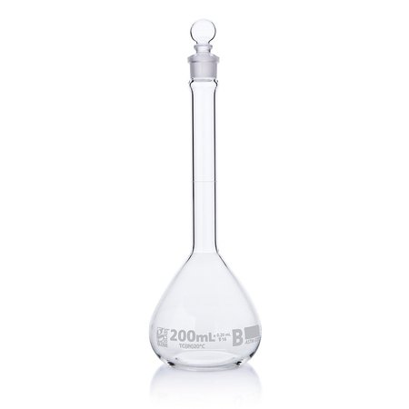 GLOBE SCIENTIFIC Flask, Volumetric , Globe Glass, 200mL, Class B, To Contain (TC), ASTME288, 6/Box 8250200